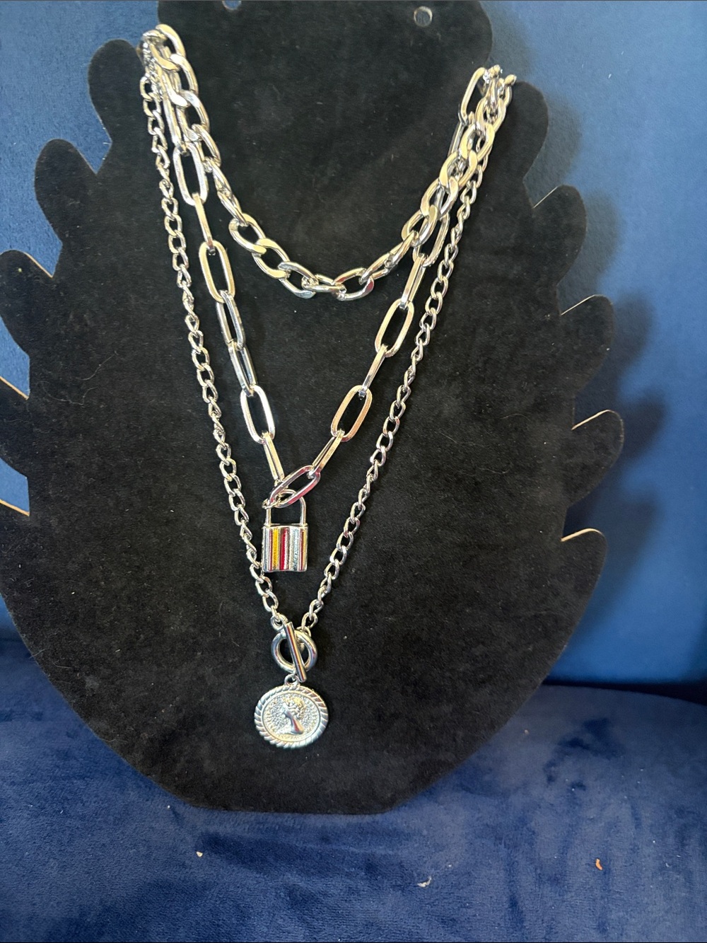 Layered Gold-Tone Chain Necklace with Padlock and Coin Charms